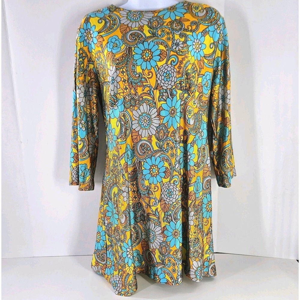 Vtg 60s Floral Mini Dress Zip 3/4 Sleeve Babydoll‎ Textured Tunic Boho Hippy M/L